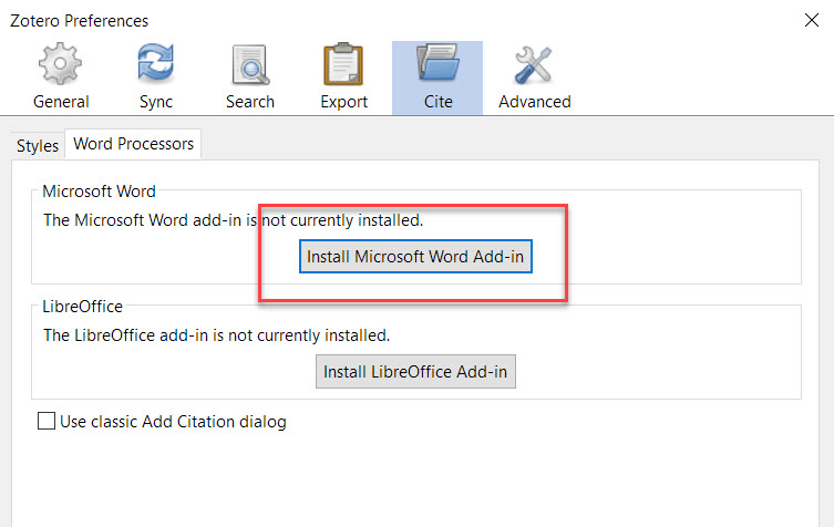 Install Microsoft Word Add-In Button Shown in the Zotero Desktop Settings Menu