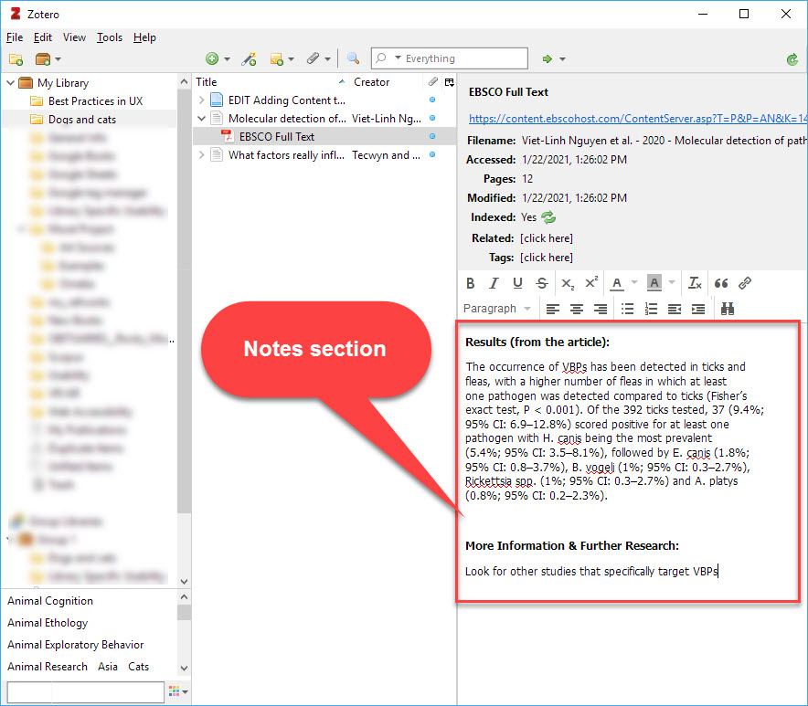 Zotero Desktop Version showing the notes section