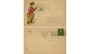 valentines postcard with drawing of child looking at framed portrait