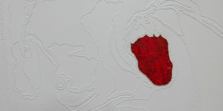 Brocade Mastectomy, raw canvas, brocade, whipping twine and embroidery thread on raw canvas