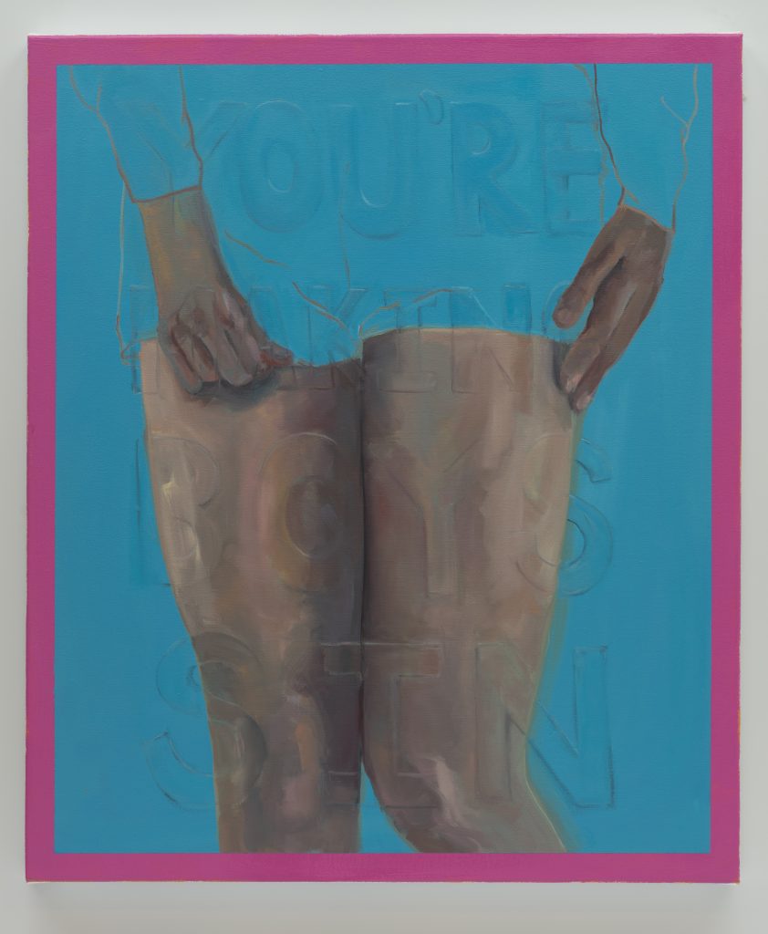 painting, legs and a short skirt titled "you're making boys"