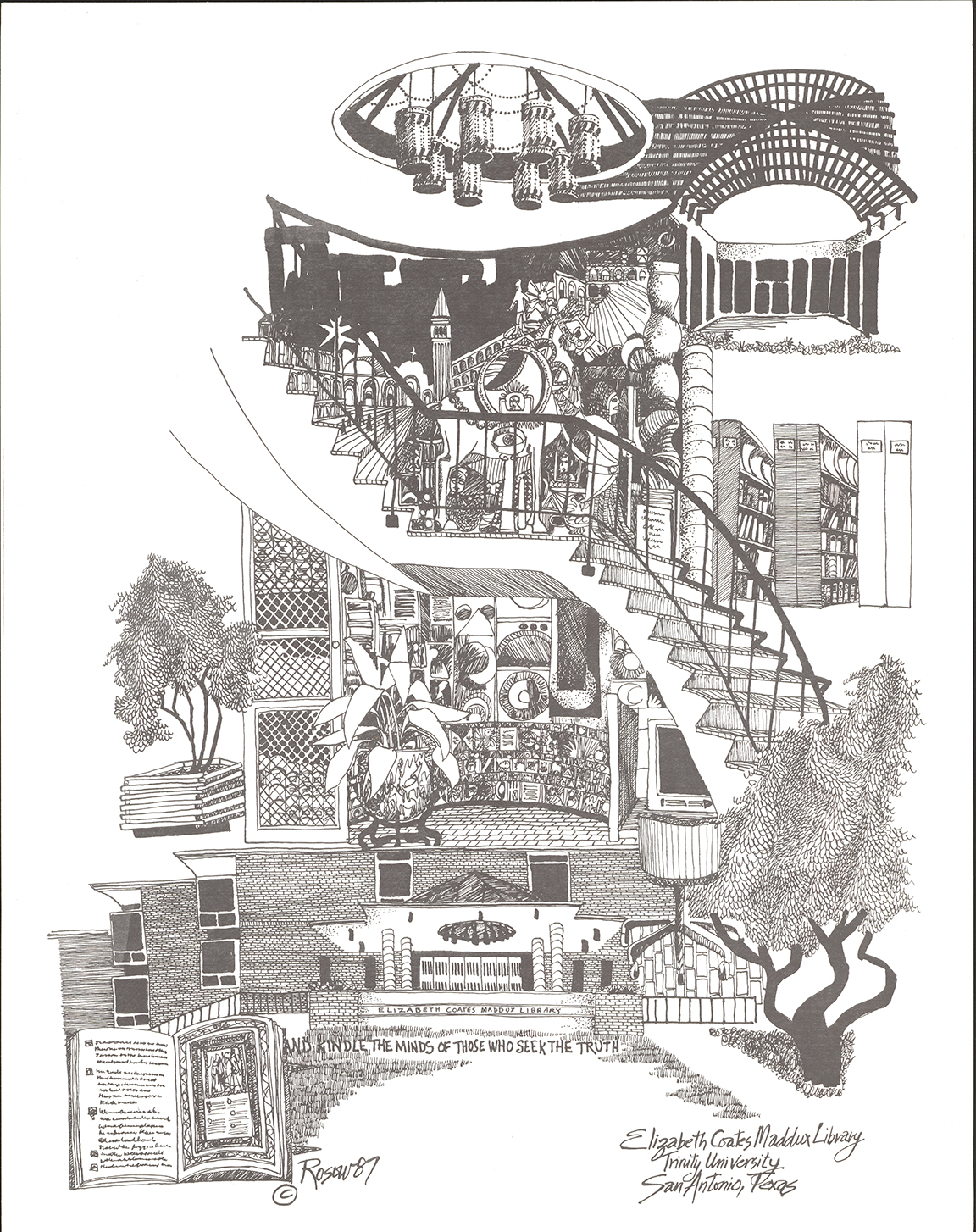 Illustration of the Coates Library at Trinity University by Jean Rosow