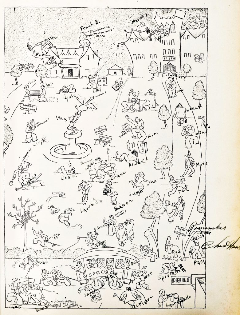 Campus scene drawn by students Lee A. Kennedy and Cecil Beard. Mirage 1930, p. 131, 